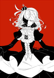 Rule 34 | 1girl, closed eyes, copyright name, crown, dress, facing viewer, greyscale, greyscale with colored background, kashino zakuro, long sleeves, megochi, mini crown, monochrome, red background, smile, solo, sweet clown, tagme, teeth