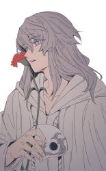 Rule 34 | 1boy, androgynous, bishounen, blue eyes, collarbone, colored eyelashes, corrupted twitter file, drawstring, final fantasy, final fantasy xiv, flower, from side, grey hair, highres, holding, holding flower, hood, hood down, hooded robe, leanor ff14, looking afar, male focus, mask, mask around neck, medium hair, open mouth, red flower, robe, simple background, solo, sophist&#039;s robe (ff14), themis (ff14), unworn mask, upper body, white background, white robe