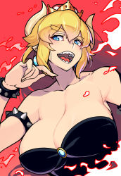 Rule 34 | 1girl, :d, armlet, bare shoulders, black dress, blonde hair, blue eyes, blush, bowsette, bracelet, breasts, brooch, cleavage, collarbone, commentary request, cropped torso, crown, dress, earrings, fire, fire, hair between eyes, hand up, highres, horns, jewelry, large breasts, long hair, looking at viewer, mario (series), mini crown, new super mario bros. u deluxe, nintendo, open mouth, pointy ears, red background, sharp teeth, sidelocks, simple background, smile, solo, spiked armlet, spiked bracelet, spikes, strapless, strapless dress, super crown, taketora suzume, teeth, thick eyebrows, upper body