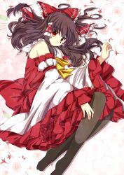 Rule 34 | 1girl, bad id, bad pixiv id, bare shoulders, bow, brown eyes, brown hair, detached sleeves, floral background, hair bow, hair tubes, hakurei reimu, highres, hikobae, japanese clothes, long hair, miko, no shoes, pantyhose, smile, solo, touhou