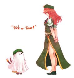 Rule 34 | 2girls, arms behind back, braid, cat tail, chen, child, english text, female focus, ghost costume, halloween, hat, hong meiling, long hair, multiple girls, multiple tails, nekomata, red hair, ribbon, side slit, standing, star (symbol), tail, tail ornament, tail ribbon, terrajin, touhou, trick or treat, twin braids, white background