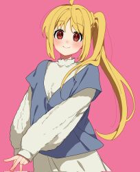 Rule 34 | 1girl, ahoge, alternate costume, blonde hair, blue shirt, blush, bocchi the rock!, closed eyes, closed mouth, commentary request, corrupted twitter file, cowboy shot, highres, hikentai0112, ijichi nijika, layered clothes, long hair, long sleeves, looking at viewer, pink background, red eyes, shirt, side ponytail, sidelocks, simple background, sleeves past wrists, smile, solo, standing, sweater, very long hair, white sweater