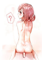 Rule 34 | 1girl, ?, ass, bare back, bare legs, bath, bathroom, blush, completely nude, feet out of frame, female focus, from behind, indoors, isshi pyuma, looking at viewer, looking back, misaka mikoto, nude, question mark, short hair, shoulder blades, sitting, solo, steam, toaru kagaku no railgun, toaru majutsu no index, twitter username, wet