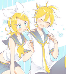Rule 34 | 1boy, 1girl, black collar, black shorts, blonde hair, blue eyes, bow, brother and sister, closed eyes, collar, commentary, crop top, double popsicle, failure, food, hair bow, hair ornament, hairclip, headphones, holding, holding food, kagamine len, kagamine rin, nail polish, neckerchief, necktie, open mouth, popsicle, sailor collar, school uniform, sharing food, shirt, short hair, short ponytail, short shorts, short sleeves, shorts, siblings, sitting, smile, spiked hair, suzumi (fallxalice), swept bangs, twins, vocaloid, white bow, white shirt, yellow nails, yellow neckerchief