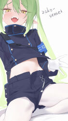 Rule 34 | 1girl, black jacket, black shorts, blue archive, blush, buttons, double-breasted, gloves, green hair, nozomi (blue archive), highres, jacket, long hair, long sleeves, looking at viewer, navel, open mouth, pantyhose, pointy ears, shorts, shou xun bu liang, simple background, smile, solo, twintails, white background, white gloves, white pantyhose, yellow eyes