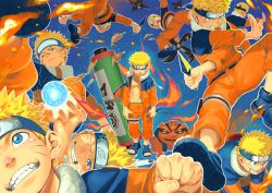 Rule 34 | 1boy, blonde hair, blood, blue eyes, child, commentary request, facial mark, forehead protector, highres, holding, holding weapon, male focus, multiple boys, naruto, naruto (series), ninja, open mouth, shigeru (shounen zoom), smile, solo focus, spiked hair, stomach tattoo, tattoo, teeth, uzumaki naruto, weapon