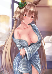 Rule 34 | 1girl, absurdres, animal ears, blush, breasts, brown hair, cleavage, closed mouth, collarbone, commentary request, hair ornament, hand on own arm, highres, horse ears, horse girl, indoors, japanese clothes, kimono, long hair, long sleeves, looking at viewer, naked kimono, off shoulder, red eyes, satono diamond (umamusume), solo, standing, uchida shou, umamusume, very long hair, wide sleeves