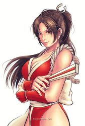 Rule 34 | 1girl, artist name, breasts, brown eyes, brown hair, cleavage, closed mouth, commentary, english commentary, english text, fatal fury, fingerless gloves, folded fan, folding fan, gloves, hair ribbon, hand fan, high ponytail, highres, holding, holding fan, kotchi yuuki, large breasts, lips, long hair, looking at viewer, mixed-language commentary, ninja, pelvic curtain, pink lips, red gloves, revealing clothes, ribbon, shiranui mai, simple background, smile, solo, standing, the king of fighters, white background, white ribbon