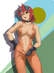 Rule 34 | 1girl, asada okina, blush, breasts, character request, cowboy shot, gloves, hair between eyes, hand on own hip, jumpsuit, navel, orange jumpsuit, red hair, sleeveless jumpsuit, solo, soukou kihei votoms, standing, tagme, unzipped, votoms finder