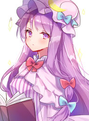 Rule 34 | 1girl, blue bow, blush, book, bow, crescent, crescent hat ornament, dress, hair bow, hat, hat bow, hat ornament, highres, konnyaku (yuukachan 51), long hair, looking at viewer, patchouli knowledge, pink hat, purple eyes, purple hair, red bow, simple background, solo, striped clothes, striped dress, touhou, upper body, white background