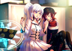 Rule 34 | 2girls, bakki, black footwear, black hair, boots, commentary, commission, cookie, cross-laced footwear, dirty, dirty clothes, eating, closed eyes, food, lace-up boots, long hair, multiple girls, pantyhose, ponytail, ruby rose, rwby, scarf, short hair, silver hair, smile, weiss schnee, yuri