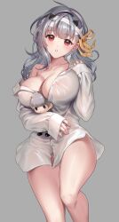 Rule 34 | 1girl, :o, bandaged head, bandages, breasts, character doll, cleavage, collarbone, commander (nikke), covered erect nipples, goddess of victory: nikke, grey background, grey hair, hair ribbon, large breasts, long hair, modernia (first affection) (nikke), modernia (nikke), nail polish, no panties, off-shoulder shirt, off shoulder, official alternate costume, parted lips, red eyes, ribbon, sha (shareddelicious), shirt, sidelocks, solo, white shirt, yellow ribbon