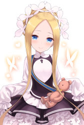 Rule 34 | 1girl, abigail williams (fate), abigail williams (festival outfit) (fate), black dress, blonde hair, blue eyes, blush, braid, bug, butterfly, butterfly hair ornament, closed mouth, commentary request, dress, fate/grand order, fate (series), forehead, hair ornament, heart, heroic spirit festival outfit, highres, insect, keyhole, long hair, long sleeves, looking at viewer, official alternate costume, parted bangs, shirt, sidelocks, sleeveless, sleeveless dress, sleeves past fingers, sleeves past wrists, smile, solo, stuffed animal, stuffed toy, teddy bear, tomo (tmtm mf mf), very long hair, white background, white shirt