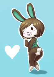 Rule 34 | 1girl, aardcase, animal crossing, animal ears, animal hands, ass, bad id, bad pixiv id, bare shoulders, barefoot, black eyes, blank eyes, blue background, blush, blush stickers, bottomless, brown hair, carmen (animal crossing), female focus, from behind, full body, furry, furry female, green shirt, grin, hand up, happy, heart, knees together feet apart, looking at viewer, looking back, nintendo, no pussy, one eye closed, outline, pawpads, plaid, plaid shirt, rabbit ears, rabbit girl, rabbit tail, shiny skin, shirt, short hair, simple background, sleeveless, sleeveless shirt, smile, solo, standing, swept bangs, tail, teeth, white outline, wink