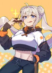 Rule 34 | 1girl, absurdres, ahoge, alternate hairstyle, black pants, blue eyes, closed mouth, crop top, doughnut, food, grey hair, hair intakes, hand on own hip, highres, holding, holding food, kizuna akari, long hair, long sleeves, looking at viewer, navel, pants, solo, tongue, tongue out, toriniku29, twintails, voiceroid