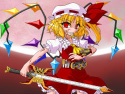 Rule 34 | 1girl, ascot, belt, blonde hair, bonnet, bow, crossover, dress, flandre scarlet, hair bow, kamen rider, kamen rider kiva, kamen rider kiva (series), kivat-bat iii, markings, parody, red bow, red dress, red eyes, side ponytail, sword, tattoo, touhou, tsukushi (741789), weapon, whistle, wings