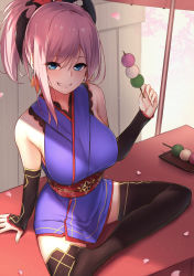 Rule 34 | 1girl, bare shoulders, black thighhighs, blue kimono, borushichi, breasts, cherry blossoms, dango, detached sleeves, fate/grand order, fate (series), food, grin, hanami, highres, holding, holding food, japanese clothes, kimono, large breasts, miyamoto musashi (fate), miyamoto musashi (first ascension) (fate), no shoes, obi, petals, pink hair, ponytail, red sash, sanshoku dango, sash, short hair, short kimono, sleeveless, sleeveless kimono, smile, solo, thighhighs, thighs, umbrella, wagashi, zettai ryouiki