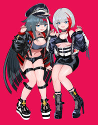 Rule 34 | 2girls, admiral graf spee (azur lane), alternate costume, azur lane, badge, black choker, black hair, black nails, blue eyes, blunt bangs, blush, boots, breasts, button badge, choker, claw pose, cleavage, commentary request, corset, detached collar, deutschland (azur lane), grey hair, high heel boots, high heels, highres, jacket, knees together feet apart, leaning forward, leg strap, long hair, looking at viewer, medium breasts, midriff, multiple girls, nail polish, navel, open mouth, platform boots, platform footwear, red background, red nails, short hair, simple background, smile, takeakigaku, thigh strap, underboob, very long hair, zipper