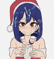 Rule 34 | 1girl, bare shoulders, blue hair, blush, brown eyes, closed mouth, collarbone, cum, cum on hair, cum on hands, cup, drinking glass, facial, female pubic hair, flip flappers, gokkun, hair ornament, hairclip, hat, holding, holding cup, kokomine cocona, looking at viewer, pubic hair, red hat, santa costume, santa hat, short hair, smile, solo, stray pubic hair, upper body, young savage