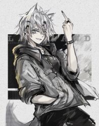 Rule 34 | 1girl, absurdres, ahoge, ambience synesthesia, animal ears, arknights, black pants, black shirt, blue eyes, character name, cowboy shot, dog tags, earrings, extra ears, grey jacket, hair between eyes, hair ornament, hairclip, hand in pocket, hand up, highres, jacket, jewelry, lalvice, lappland (arknights), looking at viewer, middle finger, official alternate costume, open clothes, open jacket, pants, sharp teeth, shirt, short hair, solo, tail, teeth, tomboy, wolf ears, wolf girl, wolf tail