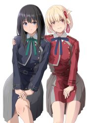 Rule 34 | 2girls, absurdres, belt, black hair, blonde hair, blue dress, blue ribbon, bob cut, closed mouth, collared shirt, commentary request, dated commentary, dress, green ribbon, grey dress, hair ribbon, hand on another&#039;s shoulder, highres, inoue takina, long hair, long sleeves, lycoris recoil, lycoris uniform, matebashi, multiple girls, neck ribbon, nishikigi chisato, pleated dress, purple eyes, red belt, red dress, red eyes, red ribbon, ribbon, shirt, short hair, simple background, smile, two-tone dress, white background, white shirt