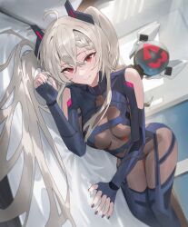 Rule 34 | 1girl, ahoge, black nails, bodysuit, breasts, closed mouth, clothing cutout, commentary, crossed bangs, english commentary, grey hair, highres, hood (james x), indie virtual youtuber, large breasts, long hair, looking at viewer, lying, nail polish, on side, red eyes, saruei (vtuber), scar, scar across eye, shoulder cutout, smile, twintails, virtual youtuber
