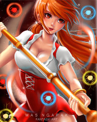 Rule 34 | 1girl, breasts, cleavage, dress, long hair, mas ngapak, nami (one piece), nami (one piece) (whole cake island), one piece, orange hair, red eyes, staff, twintails