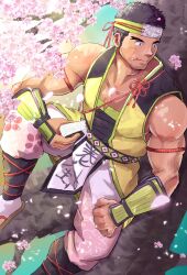 Rule 34 | 1boy, arm guards, bara, black hair, bran (crave saga), cherry blossoms, crave saga, eating, food, food on face, forehead protector, highres, holding, holding food, in tree, male focus, muscular, muscular male, ninja, onigiri, pectoral cleavage, pectorals, pelvic curtain, short hair, sideburns, sitting, sitting in tree, solo, suamaru, tree