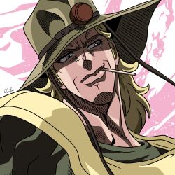 Rule 34 | 1boy, blonde hair, cigarette, commentary request, cowboy hat, hat, hatching (texture), head tilt, highres, hol horse, jojo no kimyou na bouken, long hair, male focus, official style, portrait, purple eyes, remyfive, sideburns, signature, solo, stardust crusaders