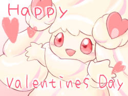 Rule 34 | :d, aberu (ycrr3542), alcremie, blush, commentary request, creatures (company), game freak, gen 8 pokemon, happy, happy valentine, looking up, nintendo, no humans, open mouth, outstretched arms, pokemon, pokemon (creature), red eyes, smile, solo, tongue, valentine