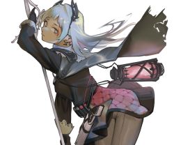 Rule 34 | 1girl, arknights, arm up, bent over, black gloves, black jacket, black skirt, breasts, brown eyes, brown pantyhose, cowboy shot, from side, gloves, hair ornament, highres, holding, holding sword, holding weapon, irene (arknights), jacket, lantern, layered skirt, leaning forward, long hair, long sleeves, looking at viewer, looking to the side, macreeeeee, medium breasts, pantyhose, parted lips, purple skirt, scar, scar on face, silver hair, simple background, skirt, solo, sword, upskirt, weapon, white background