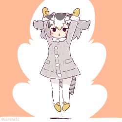 Rule 34 | 1girl, arms up, bird girl, bird tail, bird wings, coat, coroha, feathered wings, full body, gloves, grey hair, head wings, jumping, kemono friends, looking at viewer, northern white-faced owl (kemono friends), pink background, shoes, short hair, simple background, solo, tail, thighhighs, wings
