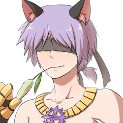 Rule 34 | 1boy, animal ear fluff, animal ears, black blindfold, black gloves, blindfold, cat ears, cattail, closed mouth, commentary request, gauntlets, gloves, jewelry, light purple hair, male focus, mouth hold, natsuya (kuttuki), necklace, plant, ragnarok online, short hair, short ponytail, simple background, smile, solo, stalk in mouth, sura (ragnarok online), topless male, upper body, white background