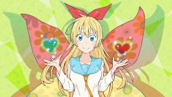Rule 34 | 10s, 1girl, blonde hair, blue eyes, blush, butterfly wings, end card, green background, hair ribbon, highres, insect wings, kirisaki chitoge, long hair, long sleeves, necktie, nisekoi, non-web source, ohkubo atsushi, red ribbon, ribbon, sailor collar, shirt, simple background, solo, upper body, white shirt, wings