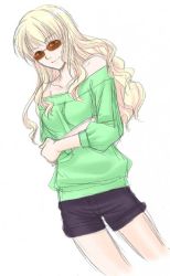 Rule 34 | 00s, 1girl, bare shoulders, breasts, collarbone, cropped legs, crossed arms, dutch angle, female focus, glasses, green shirt, long hair, long sleeves, looking at viewer, macross, macross frontier, pink hair, sheryl nome, shirt, shorts, simple background, solo, sunglasses, tinted eyewear, white background