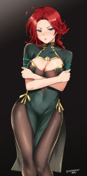 Rule 34 | 1girl, :o, absurdres, ahoge, breasts, brown pantyhose, cleavage, crossed arms, dress, epic seven, frown, gold trim, green eyes, grey dress, highres, hwayoung (epic seven), large breasts, long hair, looking at viewer, open mouth, pantyhose, pelvic curtain, red hair, short sleeves, solo, standing, twomoon, v-shaped eyebrows