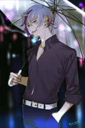 Rule 34 | 1boy, bad id, bad pixiv id, belt, black shirt, blurry, blurry background, cigarette, collared shirt, cowboy shot, ear piercing, earrings, fuwa minato, grey hair, hand in pocket, highres, holding, holding umbrella, jewelry, long sleeves, mouth hold, multicolored hair, nijisanji, piercing, shirt, short hair, solo, streaked hair, toinana, transparent, transparent umbrella, umbrella, virtual youtuber, white belt