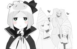 Rule 34 | 1boy, 2girls, anger vein, ascot, black bow, black jacket, blush, bow, closed mouth, expressionless, green eyes, hair bow, highres, jacket, library of ruina, madotsuki ren, maid headdress, multiple girls, oswald (project moon), pamela (project moon), pameli (project moon), project moon, short hair, white ascot, white hair