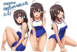 Rule 34 | 1girl, :d, ahoge, backless outfit, bare arms, bare legs, bare shoulders, barefoot, blue one-piece swimsuit, blush, bow, braid, breasts, brown hair, collarbone, commentary request, competition school swimsuit, dark skin, gluteal fold, green bow, hair between eyes, hair bow, high school fleet, highres, kapatarou, long hair, medium breasts, multiple views, one-piece swimsuit, open mouth, purple eyes, school swimsuit, side braid, simple background, sitting, smile, swimsuit, translation request, uchida mayumi, white background