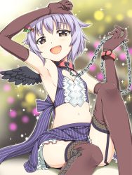 Rule 34 | 10s, 1girl, :d, arm up, bad id, bad pixiv id, bare shoulders, black wings, bracelet, brown eyes, brown gloves, brown thighhighs, chain, cleavage cutout, clothing cutout, collar, collarbone, cuffs, elbow gloves, fishnet thighhighs, fishnets, flat chest, frills, garter straps, gloves, hair ornament, hairclip, heart, heart cutout, idolmaster, idolmaster cinderella girls, ikura hato, jewelry, koshimizu sachiko, light purple hair, midriff, navel, open mouth, petite, pinstripe pattern, short hair, sitting, skirt, smile, solo, striped, thighhighs, wings