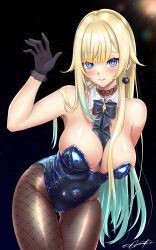 Rule 34 | 1girl, aizawa ema, bare shoulders, between breasts, black choker, black gloves, blonde hair, blue bow, blue bowtie, blue eyes, blue leotard, blunt bangs, bow, bowtie, breasts, brown pantyhose, cat earrings, choker, closed mouth, covered navel, detached collar, fishnet pantyhose, fishnets, gloves, gradient hair, green hair, hair flaps, hair ornament, highleg, highleg leotard, highres, lace, lace choker, large breasts, leaning forward, leotard, long hair, looking at viewer, multicolored hair, pantyhose, playboy bunny, prsdubstep, signature, smile, solo, star (sky), strapless, strapless leotard, twintails, very long hair, virtual youtuber, vspo!, wing collar