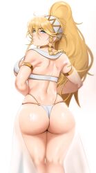 Rule 34 | 1girl, absurdres, alternate costume, alternate hairstyle, ass, bikini, blonde hair, blue eyes, breasts, cammy white, closed mouth, dancer, harem outfit, high ponytail, highres, kevbot, large breasts, lips, long hair, looking back, ponytail, revealing clothes, simple background, solo, strap gap, street fighter, swimsuit, very long hair, white background, white bikini