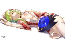 Rule 34 | 1girl, absurdres, breasts, breasts apart, broken helmet, c.c., choker, code geass, commentary request, crying, green hair, hair ribbon, helmet, highres, looking at viewer, lying, medium breasts, mitsurugi sugar, no bra, on back, open clothes, open shirt, red choker, ribbon, simple background, solo, tears, thighhighs, twitter username, white background, white thighhighs, yellow eyes, zero (code geass)