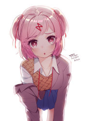 Rule 34 | 1girl, :o, artist name, bent over, blazer, blue skirt, blurry, blush, breasts, collarbone, collared shirt, commentary request, dated, doki doki literature club, hair ornament, hairclip, heart, heart-shaped pupils, heart in eye, jacket, long sleeves, looking at viewer, medium breasts, miniskirt, natsuki (doki doki literature club), open mouth, orange vest, pink eyes, pink hair, pleated skirt, removing jacket, ribbon, school uniform, shirt, short hair, signature, simple background, skirt, solo, symbol-shaped pupils, symbol in eye, the cold, two side up, vest, white background, white shirt