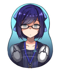 Rule 34 | 1girl, a-chan (2nd costume) (hololive), a-chan (hololive), black-framed eyewear, black jacket, black shirt, blue bow, blue eyes, blue hair, bow, breast mousepad, closed mouth, collarbone, flat chest joke, glasses, hair bow, hololive, jacket, long sleeves, mouse (computer), mousepad, mousepad (object), open clothes, open jacket, shaded face, shirt, short hair, solo, striped clothes, striped shirt, tenbin gashira, upper body, vertical-striped clothes, vertical-striped shirt, virtual youtuber