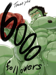 Rule 34 | 1boy, abs, absurdres, bara, beard, blush, body writing, censored, completely nude, crotch, ears down, english text, facial hair, foreshortening, from behind, full beard, highres, huge pectorals, male focus, mature male, milestone celebration, muscular, muscular male, nipples, nude, orc, original, penis focus, perspective, scribble censor, solo, strongman waist, sweat, tamineko, thank you, thick eyebrows, thick thighs, thighs, tusks, very sweaty