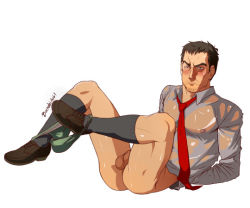 Rule 34 | 1boy, ass, bara, barnabi, body hair, bottomless, doujima ryoutarou, facial hair, feet, lying, male focus, nipples, persona, persona 4, restrained, shoes, silver hair, socks, solo, testicles, undressing, wet
