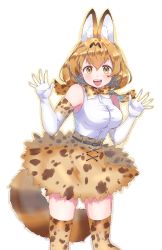 Rule 34 | 10s, 1girl, animal ears, bad id, bad pixiv id, bare shoulders, blonde hair, blush, breasts, cat ears, cat tail, eyebrows, gloves, highres, kaisou (0731waka), kemono friends, large breasts, looking at viewer, open mouth, orange eyes, orange hair, outstretched arms, ribbon, serval (kemono friends), serval tail, shirt, short hair, simple background, skirt, smile, solo, spread arms, standing, tail, teeth, tongue, white shirt, yellow eyes