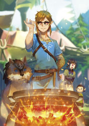 Rule 34 | 1boy, 2girls, animal, blonde hair, blue tunic, character request, cooking, fire, link, male focus, meme, multiple girls, nintendo, open mouth, outdoors, pointy ears, salt bae (meme), sparkle, standing, sunglasses, the legend of zelda, the legend of zelda: breath of the wild, tree, tunic, wolf, yuyu (yuyudesu0806)