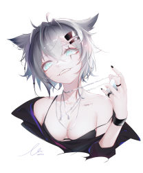 Rule 34 | 1girl, animal ears, arknights, bare shoulders, black bra, black nails, blue eyes, bra, breasts, chest tattoo, collarbone, commentary request, dated, hair between eyes, hair ornament, hairpin, head tilt, highres, jewelry, lappland (arknights), liu liaoliao, looking at viewer, medium breasts, multiple rings, nail polish, necklace, off shoulder, ring, short hair, signature, silver hair, solo, strap slip, tattoo, teeth, underwear, upper body, white background, wolf ears